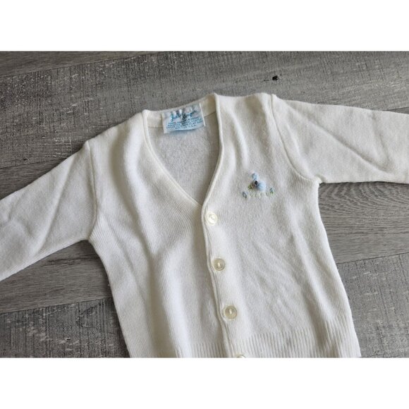 Vintage Julius Berger Baby White Button Up Sweater Cardigan  Baby Blue Bird NB - Picture 3 of 9